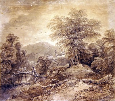 Wooded Mountain Landscape Herdsman & Cows Crossing, 1759 by Thomas Gainsborough